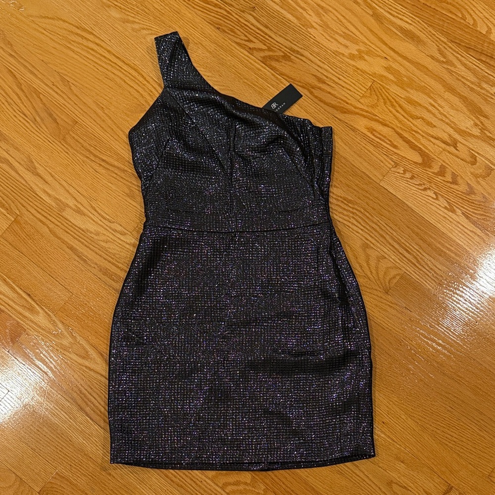 NWT BR Monogram Black Metallic One-Shoulder Cocktail/NYE Dress | Size 10